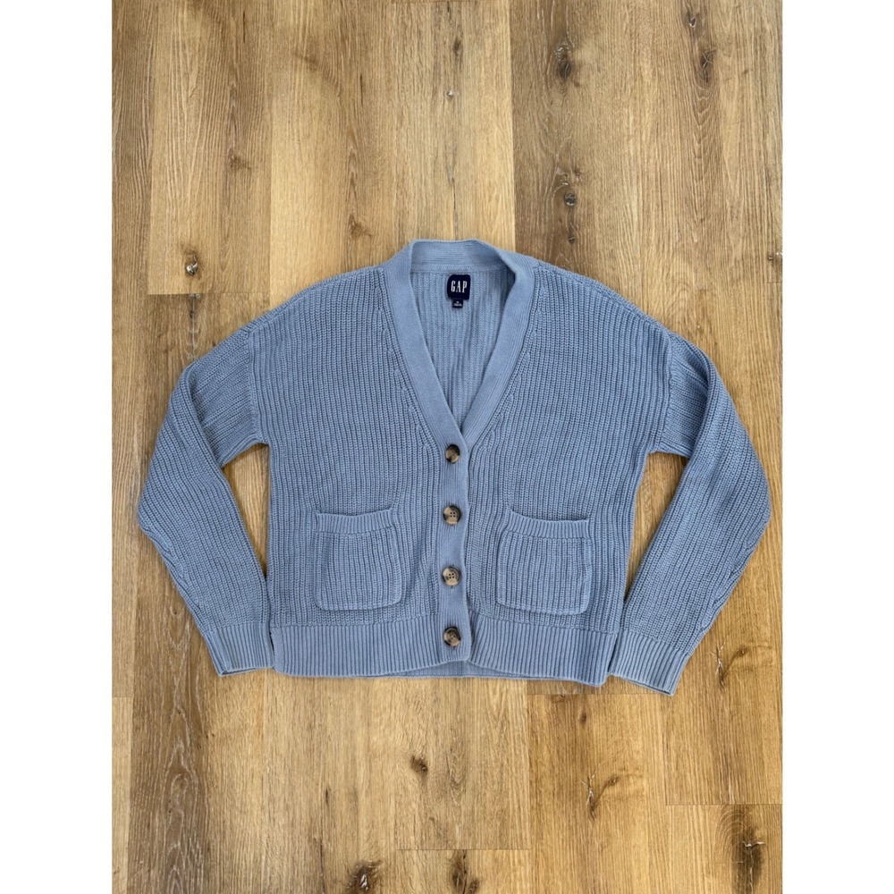 Gap Preppy Minimalist Cardigan Sweater Womens XL Blue Cotton Chunky Old Money